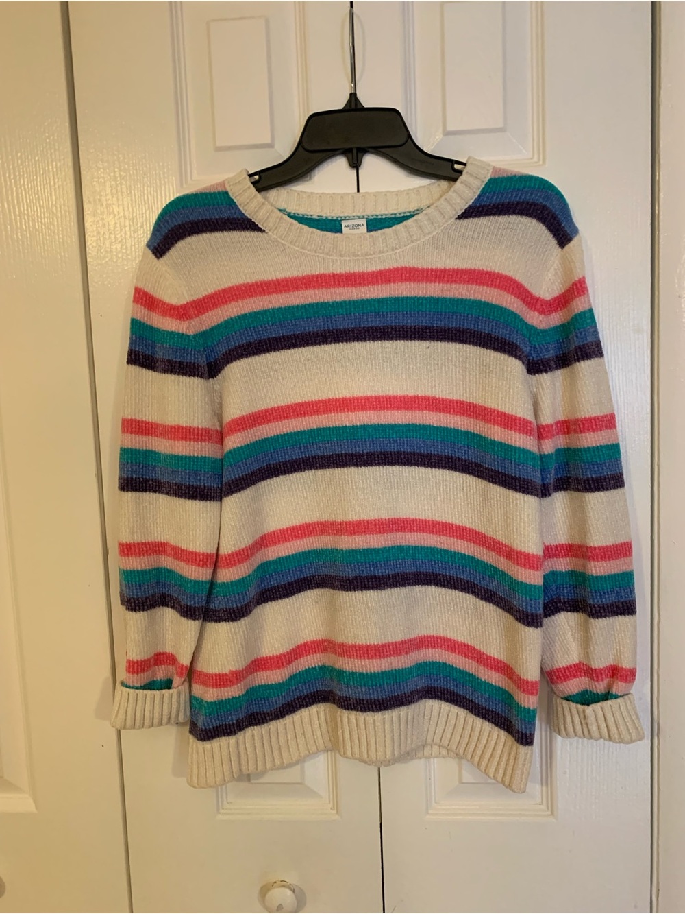 Arizona Cream Striped Crewneck Sweater with Pink, Teal & Navy Stripes